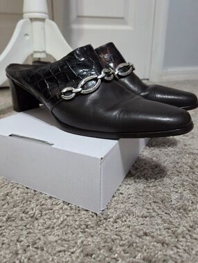 Brighton Twiggy Brown Croc-Trim Leather Mule Heels